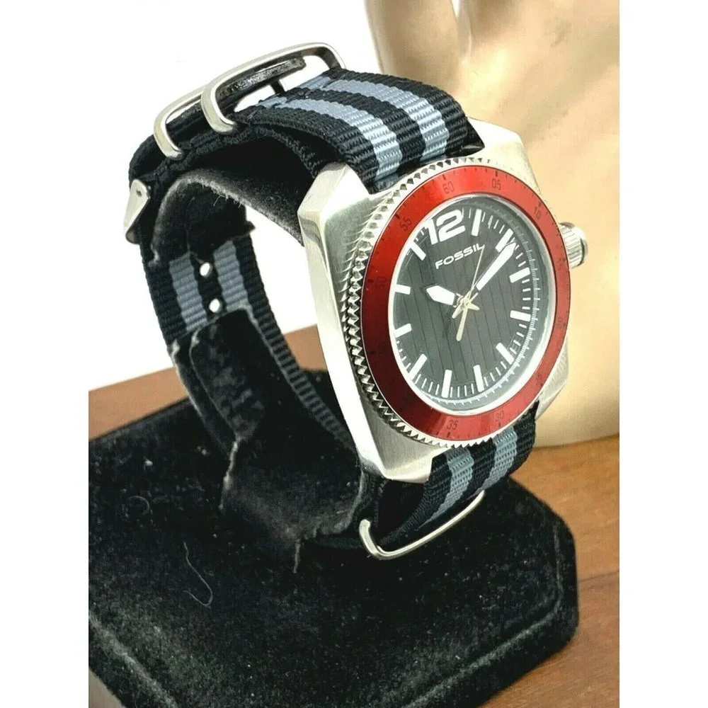 Fossil Men's Watch WB1042 Quartz Red Bezel 38mm Black Gray Nylon NATO St…